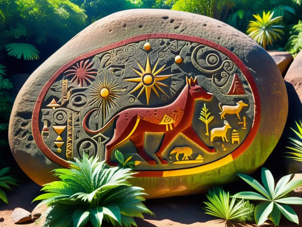 Una petroglifo vibrante en piedra, con símbolos y patrones geométricos, rodeado de exuberante vegetación tropical