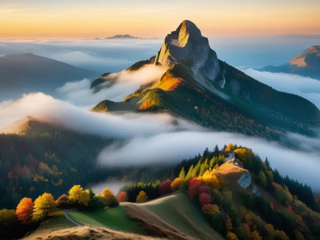 Un pico de montaña envuelto en neblina, con follaje otoñal y un suave amanecer dorado, irradiando serenidad y reflexión espiritual