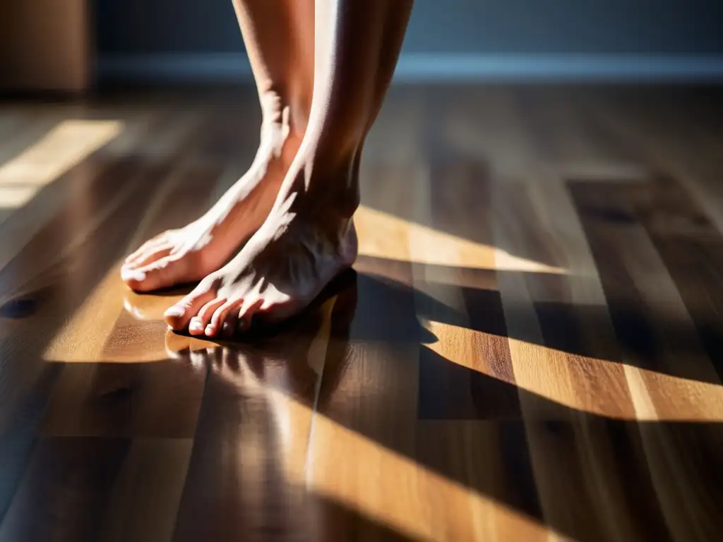 Los pies descalzos de un bailarín de danza postmoderna rompiendo formas movimiento en el suelo de madera, mostrando fuerza y precisión