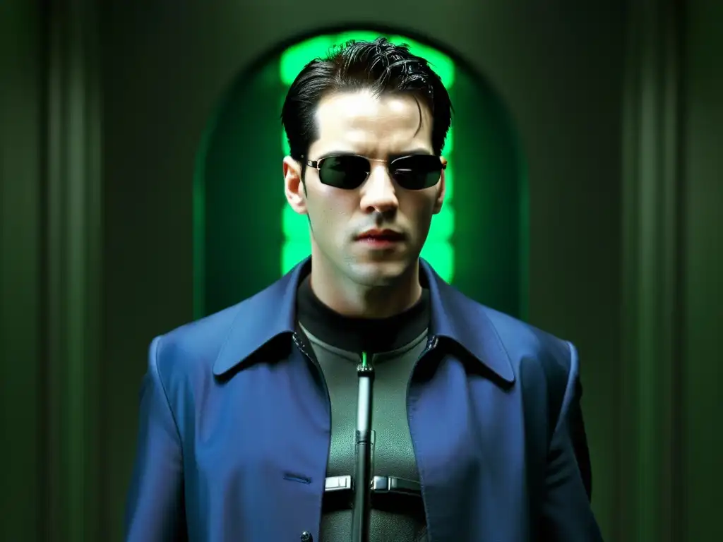 Neo enfrenta la decisión entre la píldora roja y azul en 'The Matrix', capturando la intensidad y la interpretación filosófica de la película