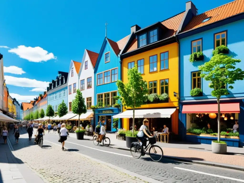 Pintoresca calle urbana en Escandinavia, con arquitectura tradicional y moderna, gente caminando y en bicicleta
