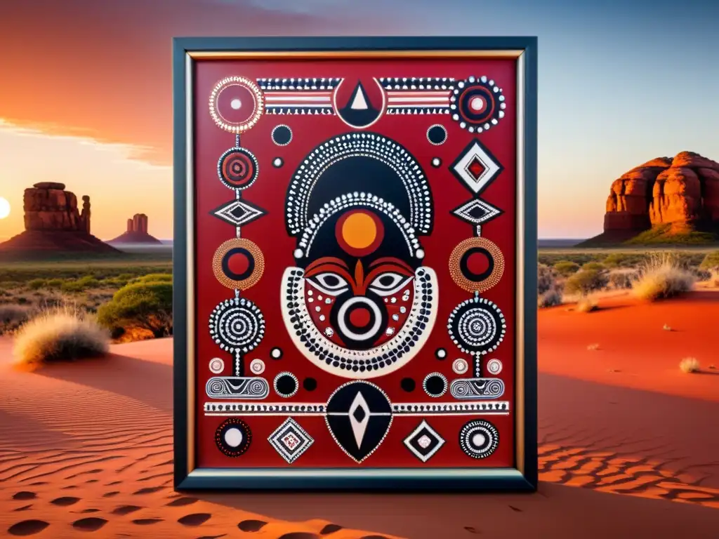 Pintura aborigen con totems y símbolos en tonos terrosos, enmarcada por arena roja del desierto australiano al atardecer