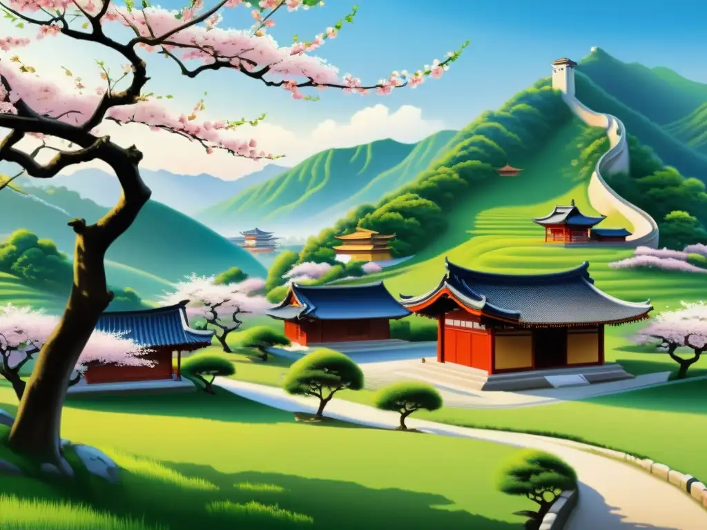 Pintura de una aldea confuciana tradicional en armonía con la naturaleza, reflejando la sociedad ideal en el confucianismo