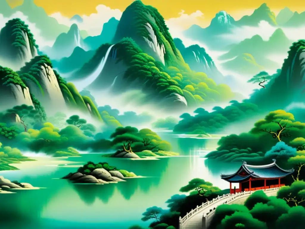 Una pintura china tradicional muestra un paisaje de montaña sereno con picos cubiertos de niebla, ríos sinuosos y bosques exuberantes