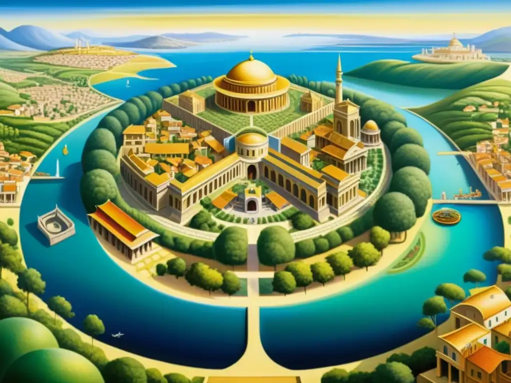 Una pintura detallada de la ciudad ideal de Platón, con arquitectura intrincada, mercados bulliciosos y espacios comunales armoniosos