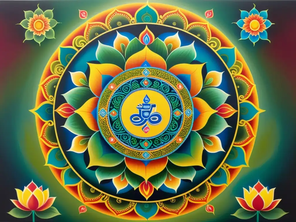 Una pintura de mandala detallada con colores vibrantes y patrones intrincados, simbolizando la influencia del Budismo en cultura y arte