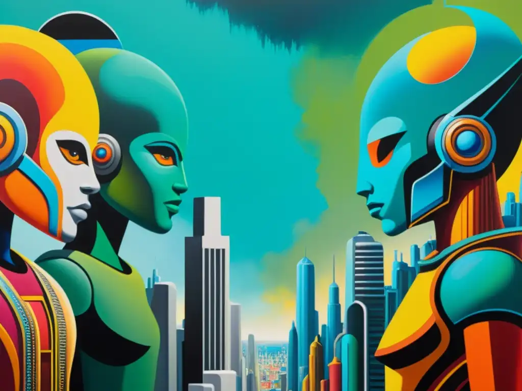 Una pintura AI detallada muestra una escena futurista, fusionando humanos y elementos orgánicos en una ciudad