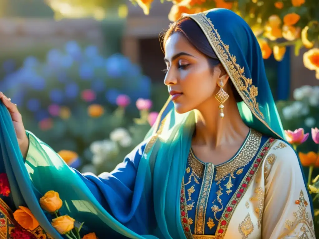 Una pintura detallada de una mujer en atuendo Sufi, en un jardín sereno con flores vibrantes