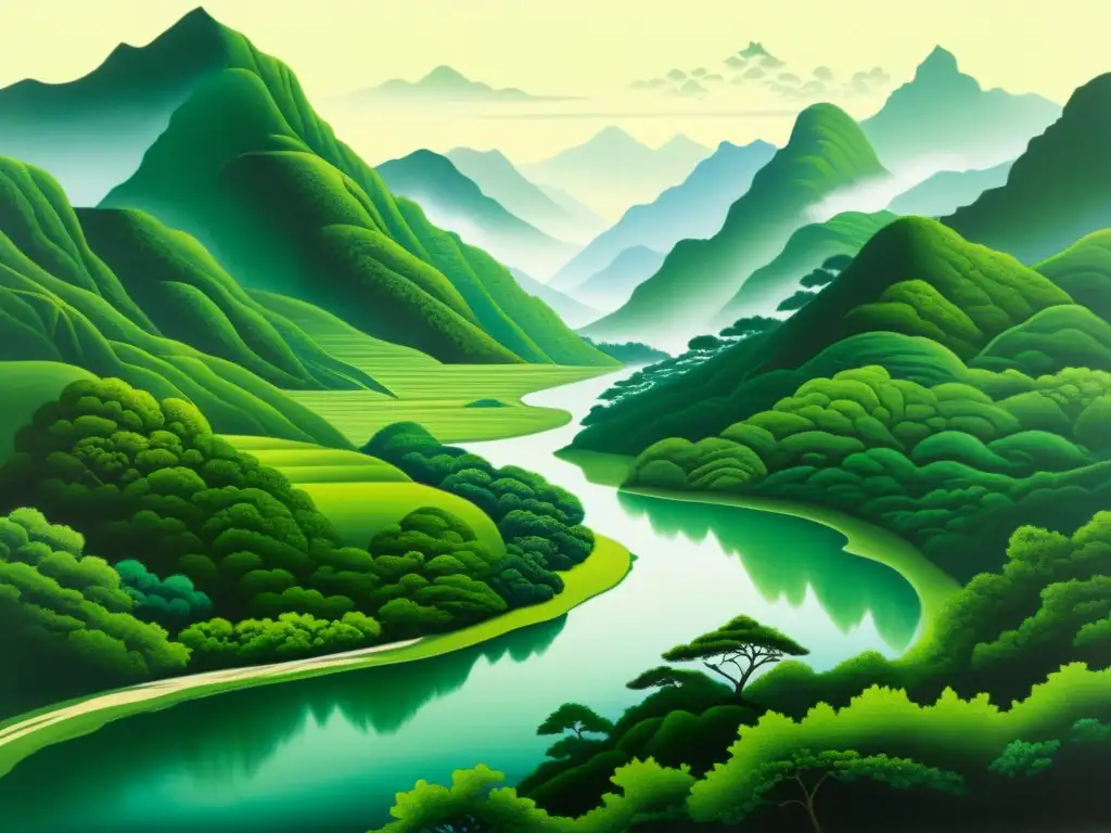 Pintura detallada de paisaje montañoso sereno con figura practicando tai chi, capturando el poder de la No Acción en el taoísmo