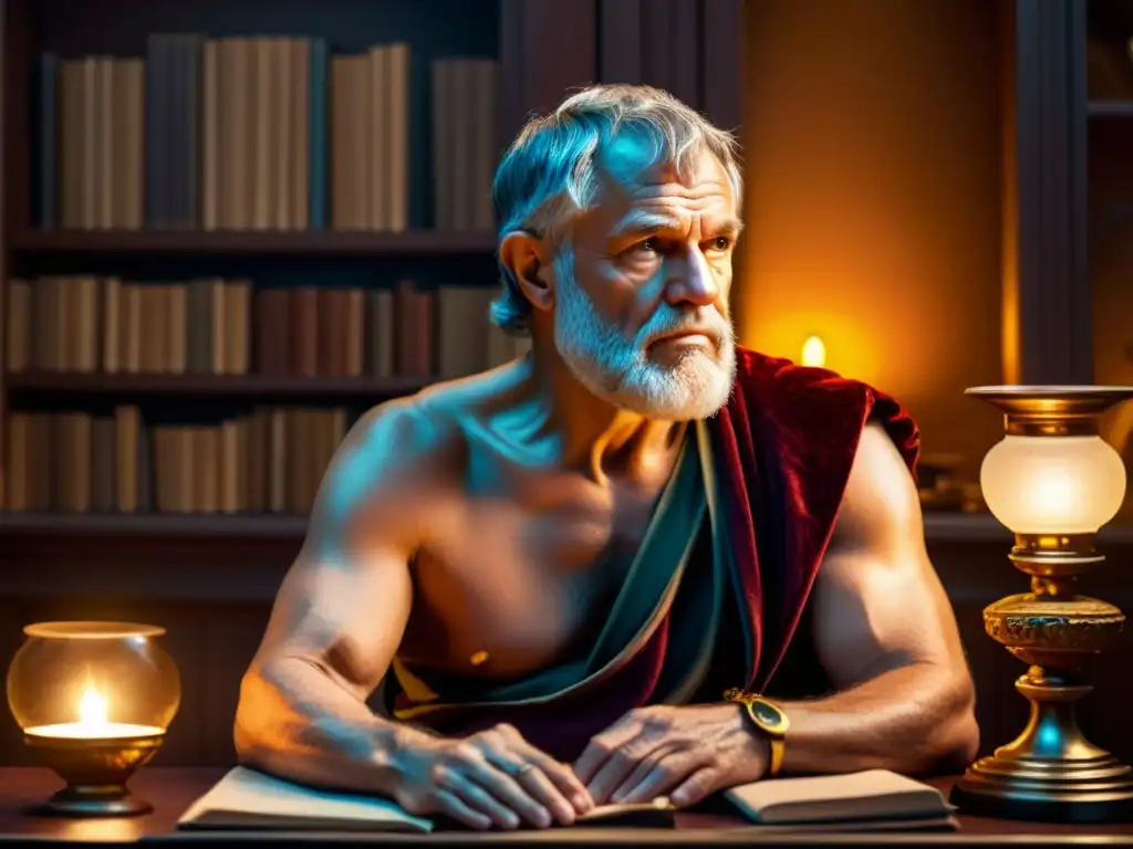 Una pintura digital detallada de Seneca, el filósofo estoico romano, en su estudio rodeado de pergaminos y artefactos antiguos