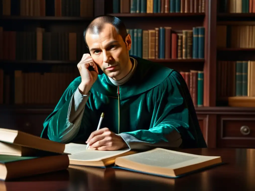 Una pintura digital detallada de Niccolò Machiavelli, inmerso en la escritura de 'El Príncipe', reflejando la profundidad de su filosofía política