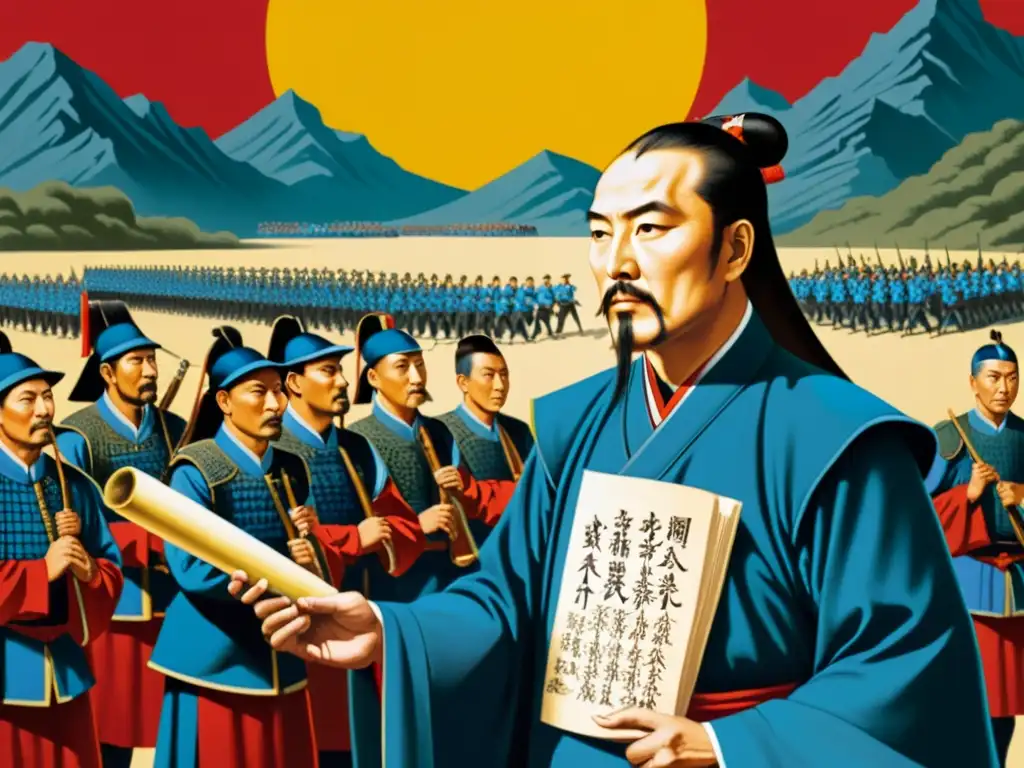 Una pintura de Sun Tzu transmitiendo la Filosofía del liderazgo en crisis a líderes atentos en un campo de batalla al atardecer