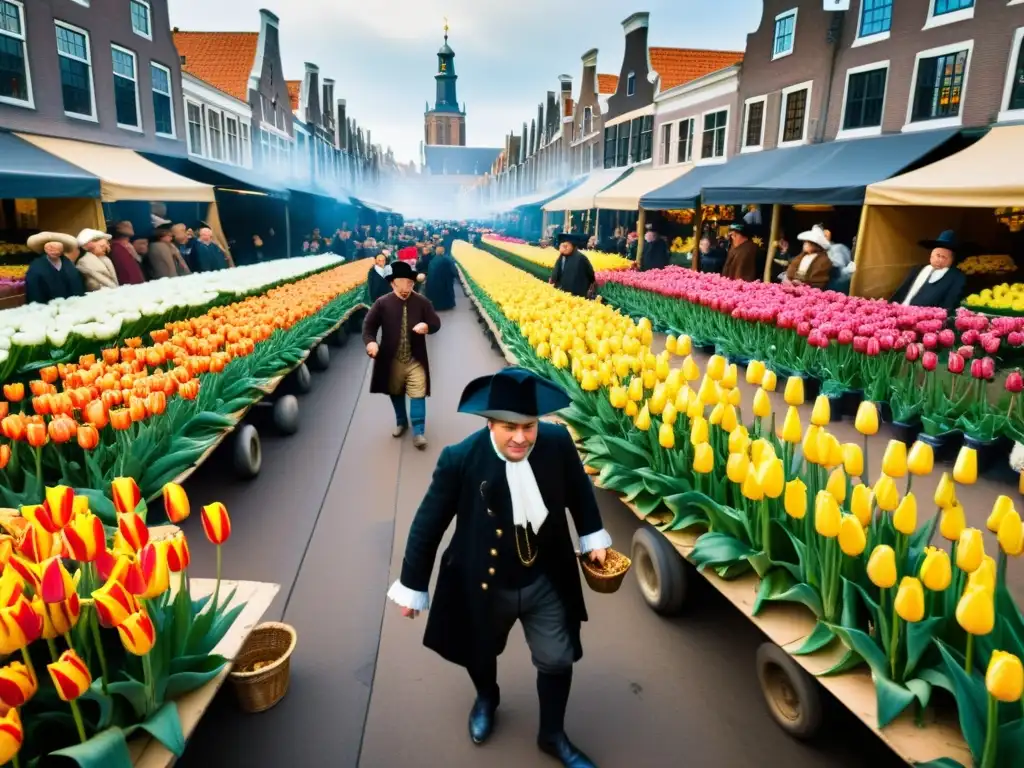 La pintura capta la frenética escena de la manía de los tulipanes holandeses del siglo XVII, reflejando la filosofía detrás de las burbujas económicas con expresiones de codicia, esperanza y incertidumbre