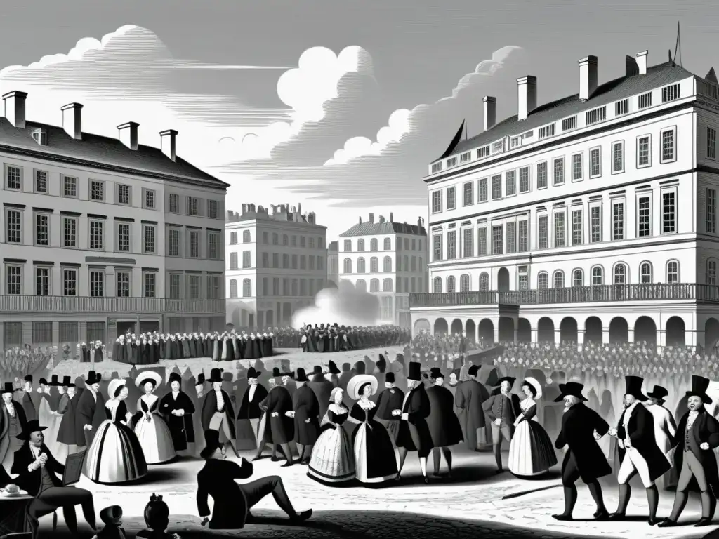 Pintura ilustrada en blanco y negro de una bulliciosa plaza del siglo XVIII, con gente vestida elegantemente y una reunión política satírica destacando los vicios sociales del Iluminismo