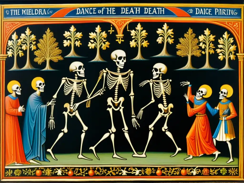 Una pintura medieval detallada de la Danza de la Muerte, con figuras esqueléticas y personas en un baile macabro