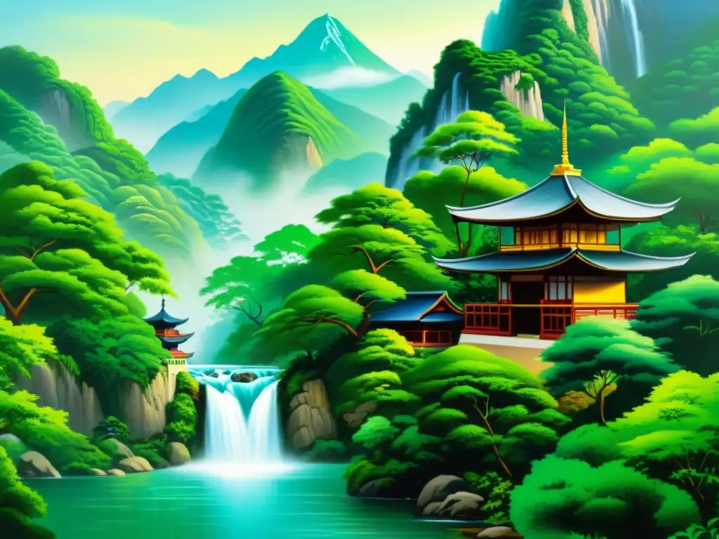 Pintura oriental de montaña con cascada, exuberante vegetación y templo de madera, reflejando la influencia de valores confucianos en el arte oriental