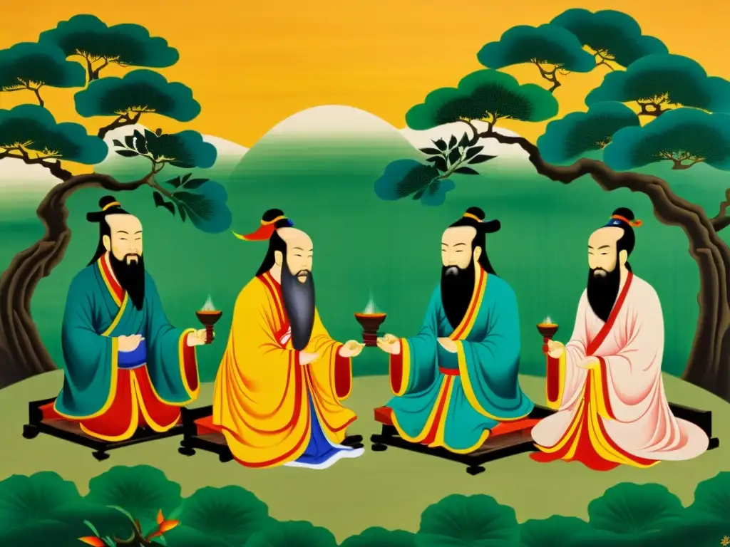 'Pintura de rollo tradicional chino con Confucio y discípulos discutiendo filosofía en jardín sereno, reflejando la Ética empresarial en Confucianismo