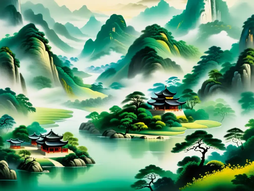 Pintura tradicional china de montañas, ríos y templos, evocando la visión no lineal de la historia en el confucianismo
