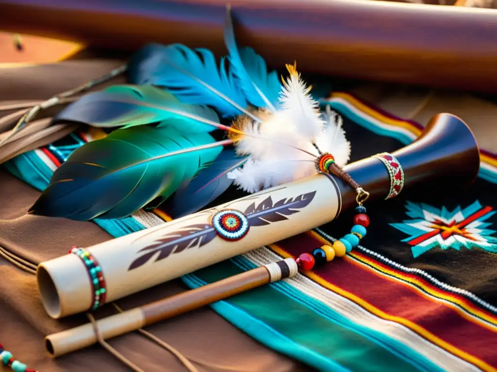 Una fotografía de alta resolución de una pipa de la paz tradicional de los nativos americanos, rodeada de otros artículos ceremoniales, iluminada por el cálido resplandor de una fogata