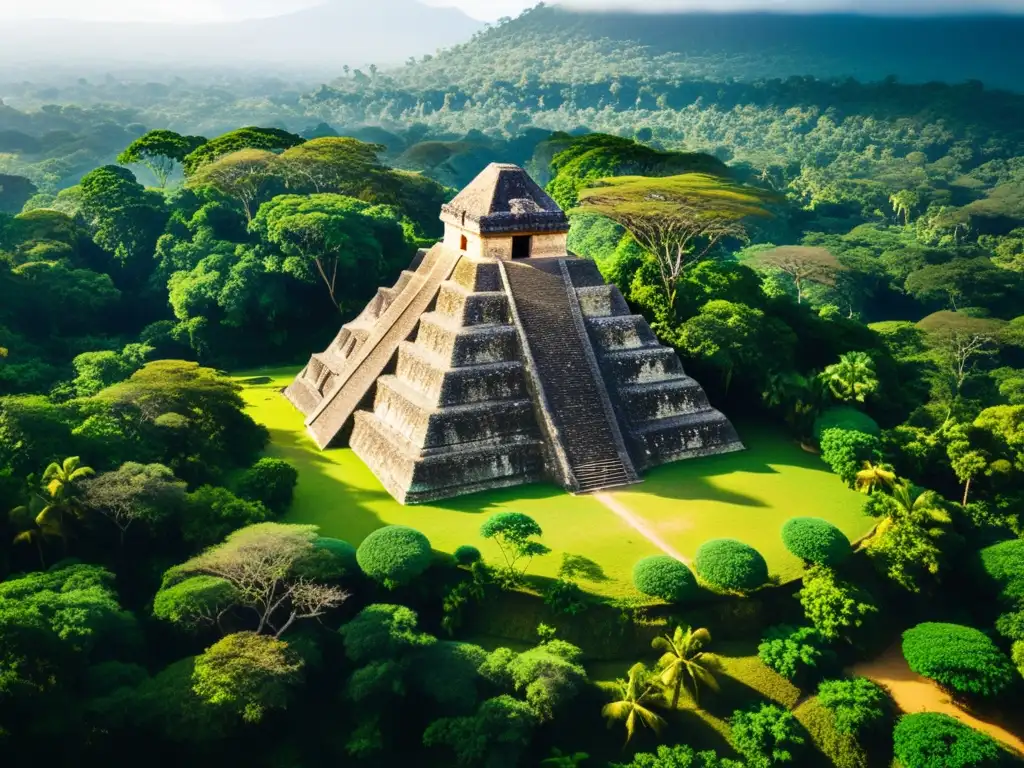 Una pirámide mesoamericana antigua se funde con la exuberante selva, reflejando la sostenibilidad en la filosofía mesoamericana