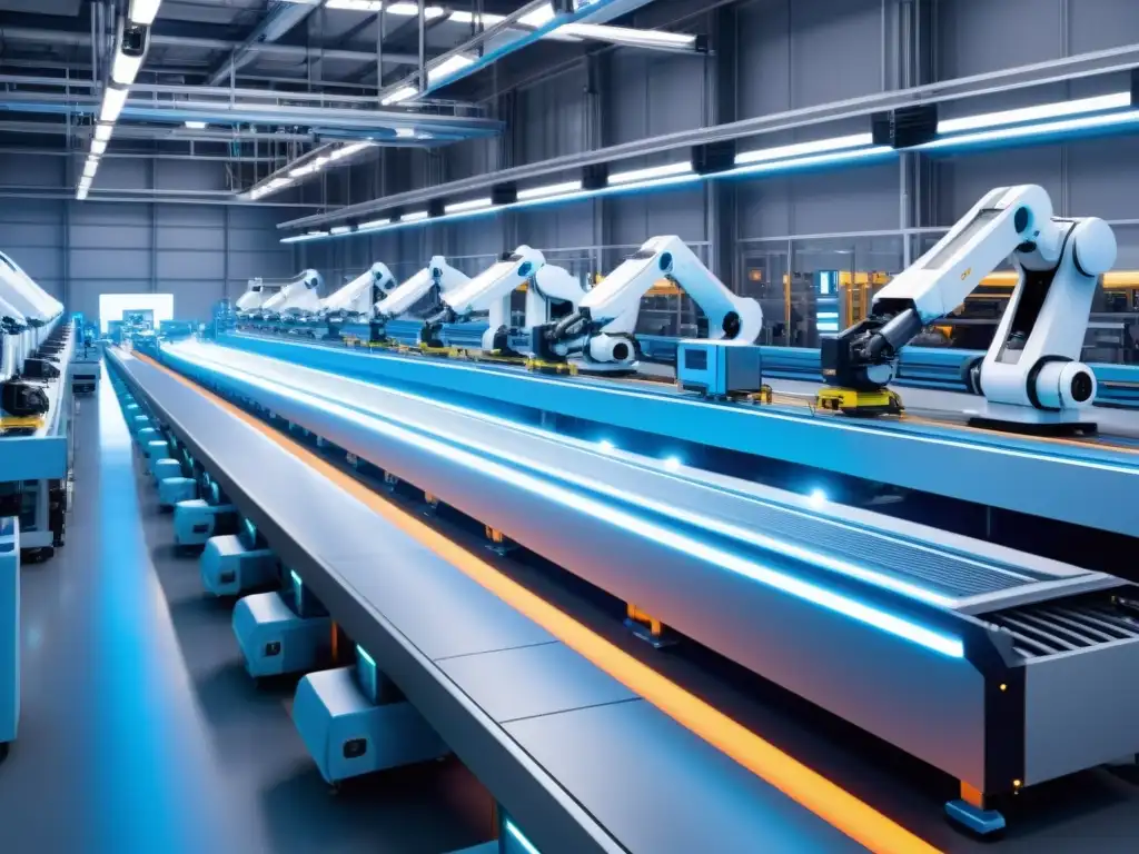 Un piso de fábrica futurista con robots y trabajadores humanos colaborando, mostrando el impacto de la robótica en el empleo