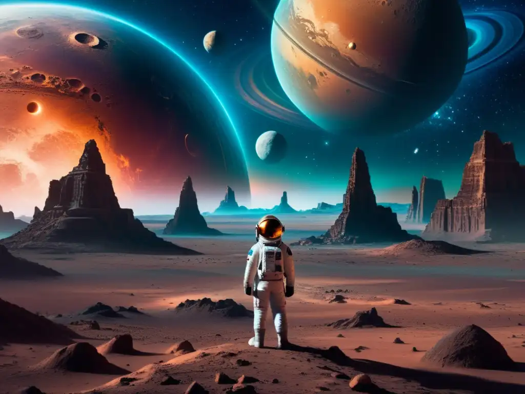 Exploración en un planeta alienígena con monolitos y nebulosa, evocando pruebas filosóficas literatura ciencia ficción
