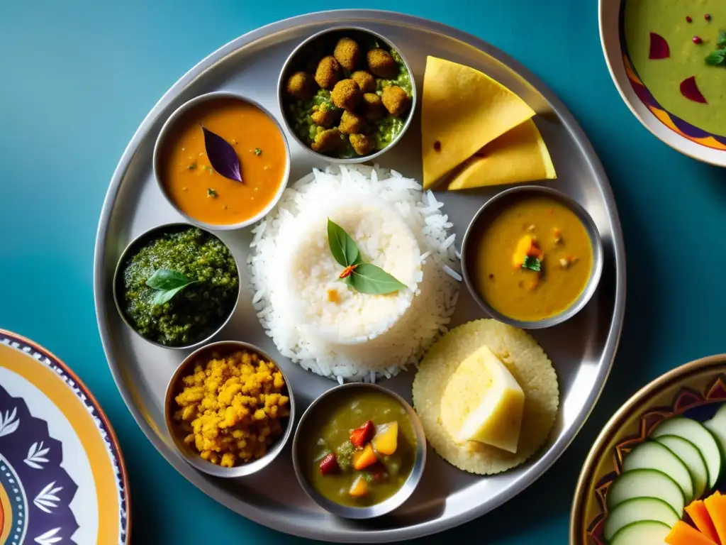 Plato thali tradicional con comida sáttvica en mandala hindú, iluminación serena y colores vibrantes