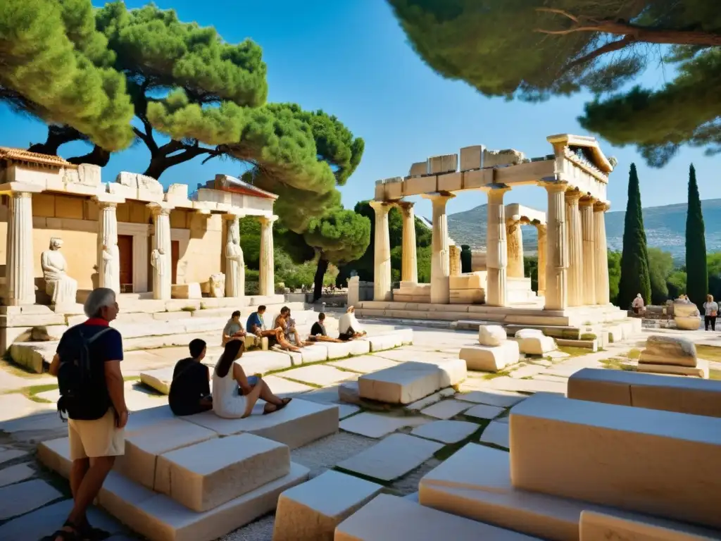 Plaza griega bañada por el sol, escenario de discusiones filosóficas y vida cotidiana