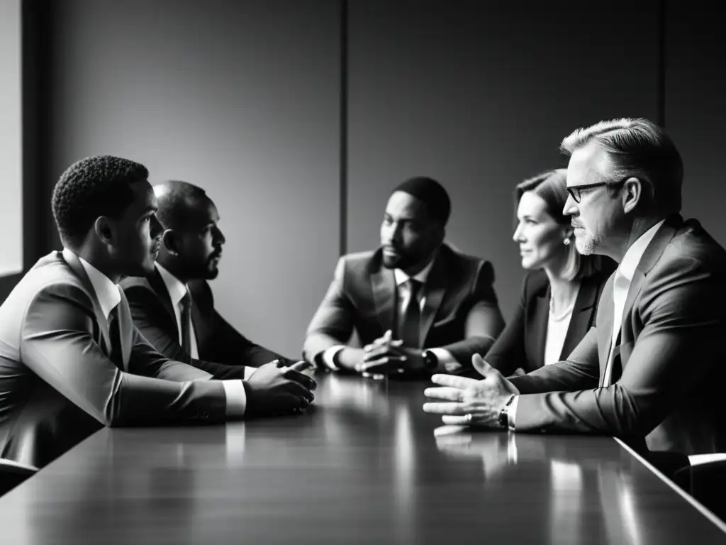 Una poderosa imagen en blanco y negro de líderes empresariales discutiendo en una mesa de conferencias moderna