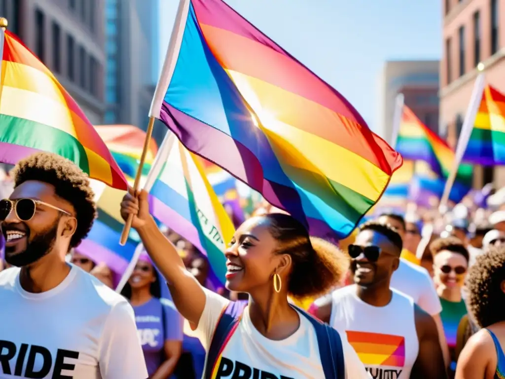 Una poderosa imagen de la diversidad y unidad en un desfile del orgullo, con mensajes de empoderamiento