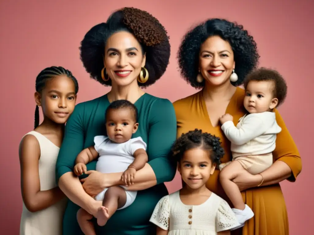 Una poderosa imagen de mujeres diversas abrazando a sus hijos, desafiando estereotipos y redefiniendo el concepto de maternidad con fuerza y confianza