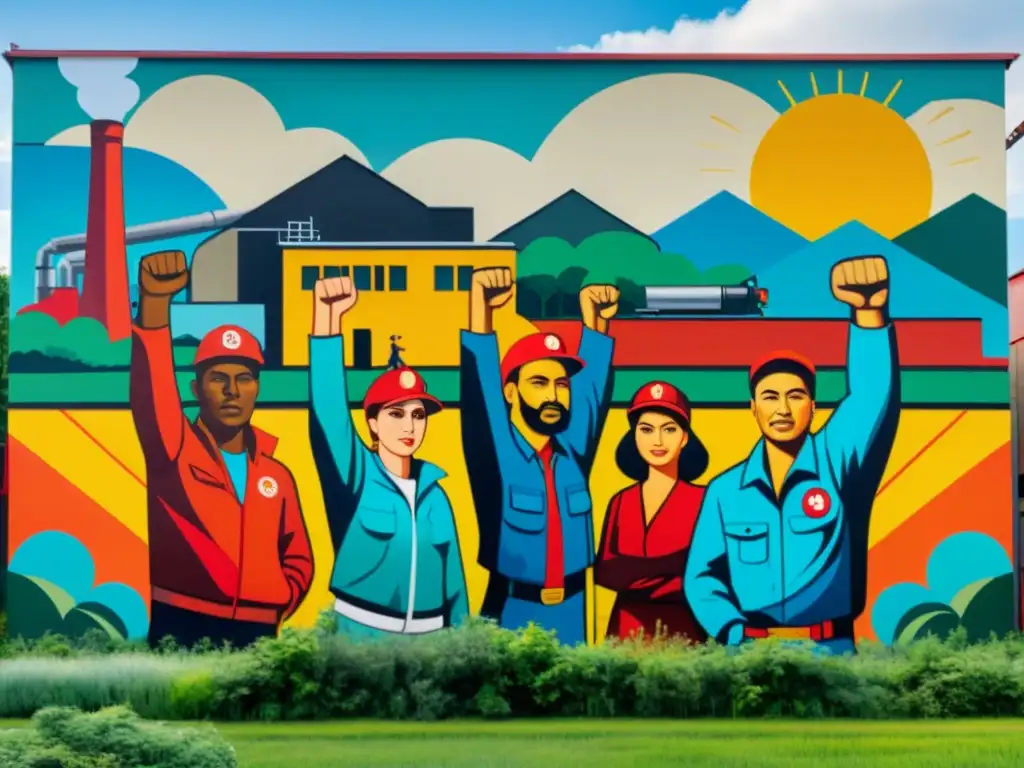 Un poderoso mural muestra trabajadores y campesinos unidos en solidaridad, con puños alzados frente a fábricas e inmensos campos