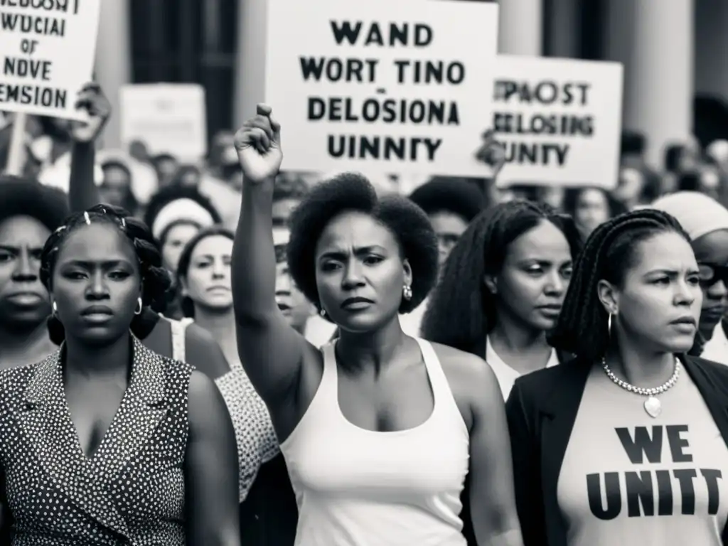 Un poderoso retrato en blanco y negro de mujeres diversas unidas en un círculo, participando en una protesta con determinación y pasión