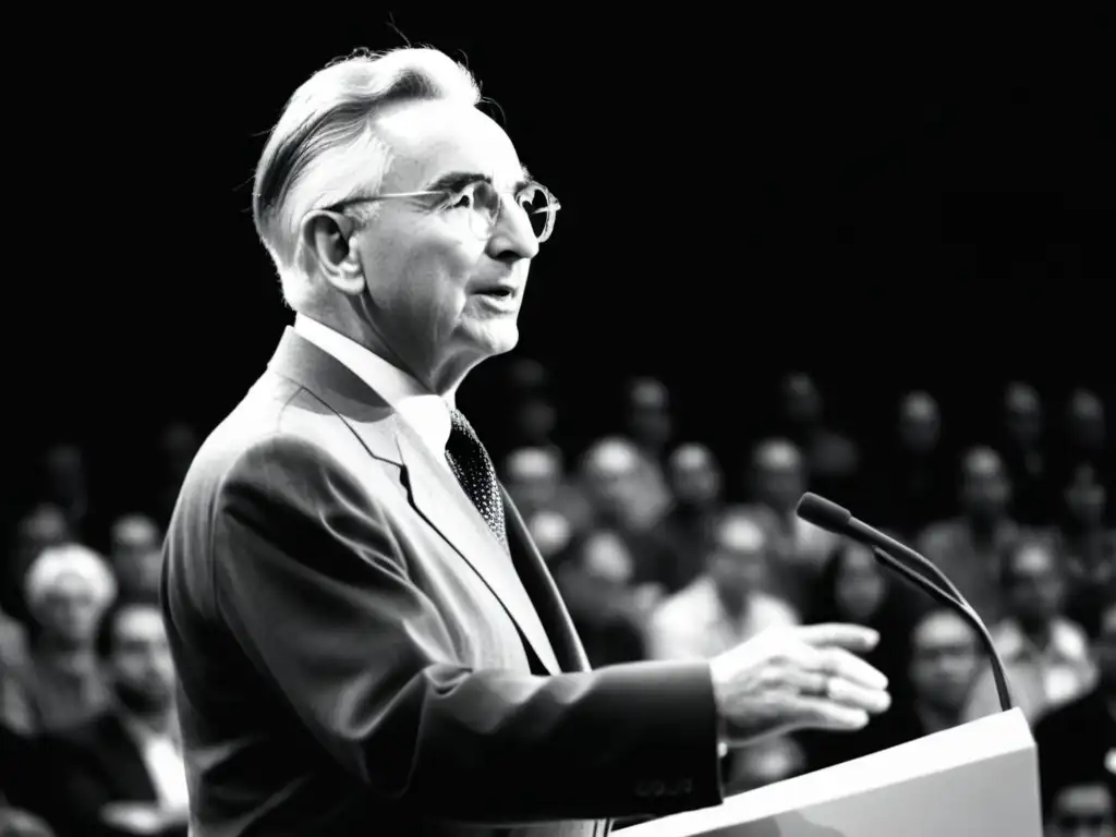 Viktor Frankl habla en un pódium con expresión seria y contemplativa, mientras el público borroso crea un ambiente relevante
