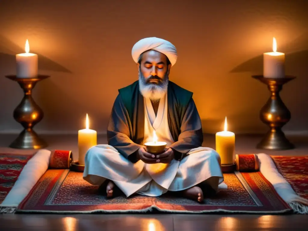 Un poeta Sufi reflexiona sobre el Amor divino en un ambiente tradicional iluminado por velas