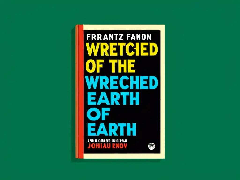 Portada detallada y vibrante de 'Los condenados de la tierra' de Frantz Fanon, con tipografía llamativa y colores intensos, evocando la naturaleza reflexiva del pensamiento postcolonial