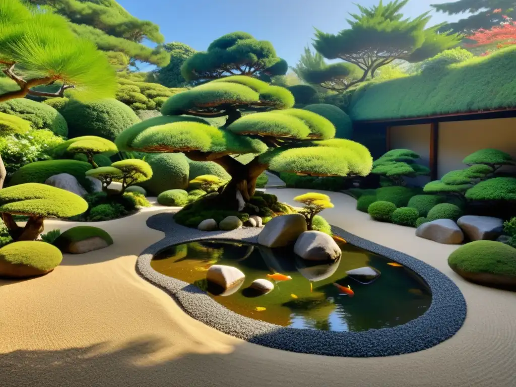 Jardín Zen con práctica budista, tranquilo y armonioso, con bonsáis, rocas y estanque con peces koi