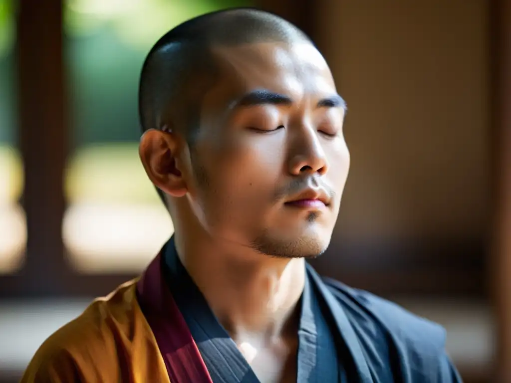 Practicante de budismo Nichiren meditando con determinación interior en un ambiente sereno