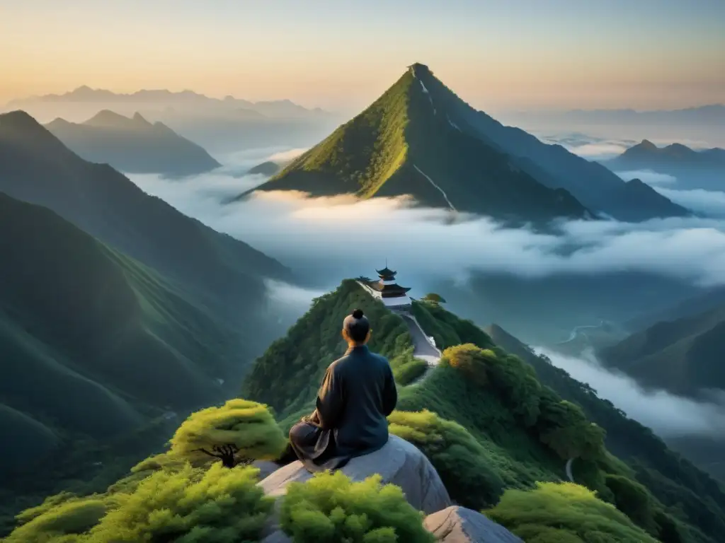 Montaña serena: práctica de tai chi al amanecer Un practicante de tai chi en la cima neblinosa de una montaña al amanecer, transmitiendo calma y serenidad