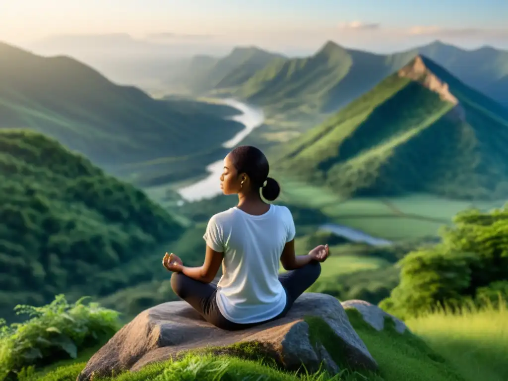 Practicante de mindfulness en la cima de la montaña, rodeado de naturaleza exuberante, evocando paz interior