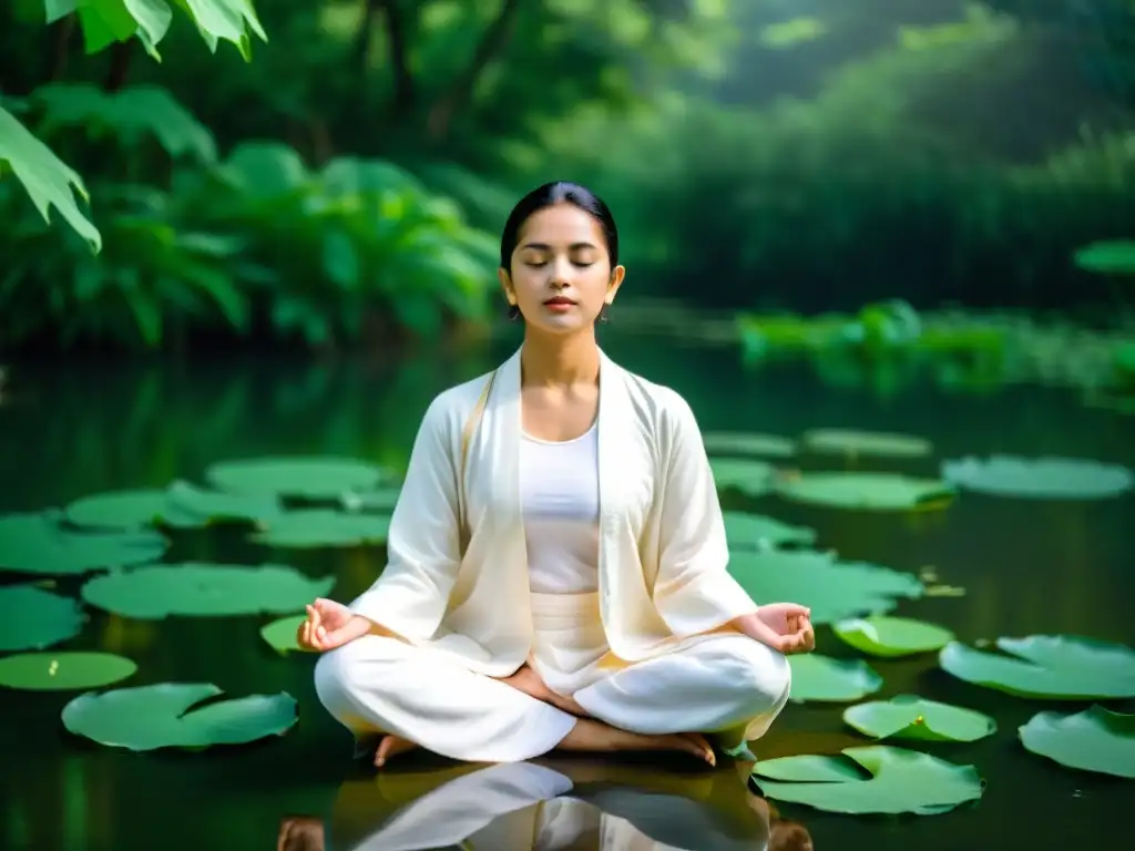 Practicante Jainista en meditación Kaivalya, rodeado de naturaleza exuberante y calma serena