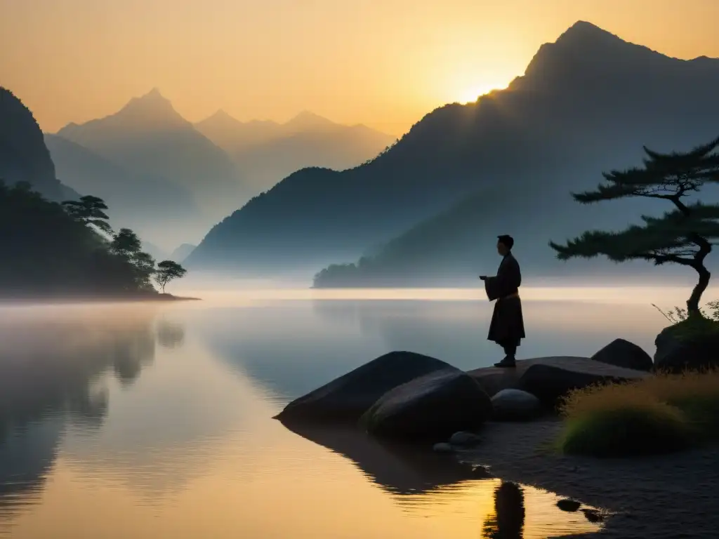Un practicante de Tai Chi realiza movimientos gráciles al amanecer en un lago tranquilo, rodeado por montañas místicas