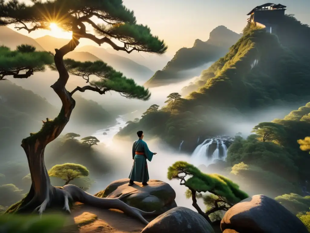 Práctica de tai chi al amanecer en la montaña Practicante de tai chi en paisaje de montaña al amanecer, simbolizando la armonía con la naturaleza y lecciones taoístas para líderes contemporáneos
