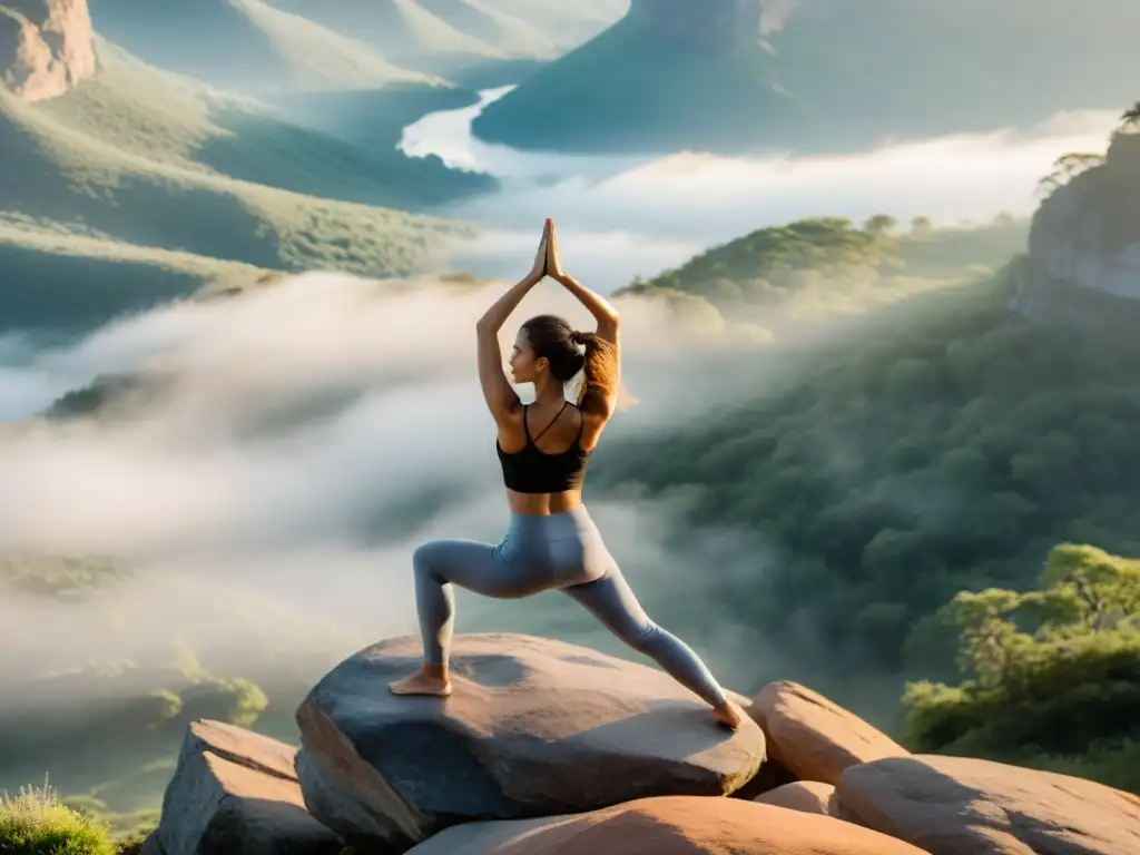 Practicante de yoga en la postura del guerrero, en un acantilado con niebla, transmite serenidad y conexión con la naturaleza