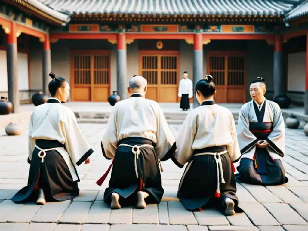 Practicantes contemporáneos del Confucianismo realizando un ritual en un patio tradicional, vistiendo ropas tradicionales en blanco y negro