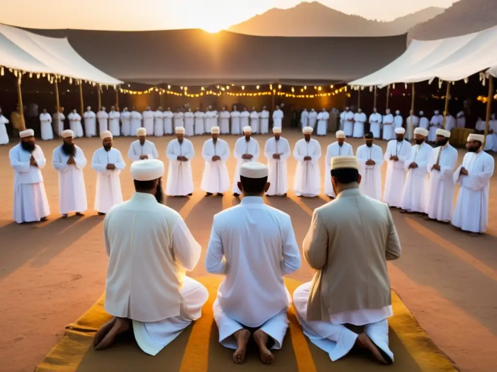 Practicantes del Sufismo en comunidad, brindando servicio con amor en un atardecer dorado