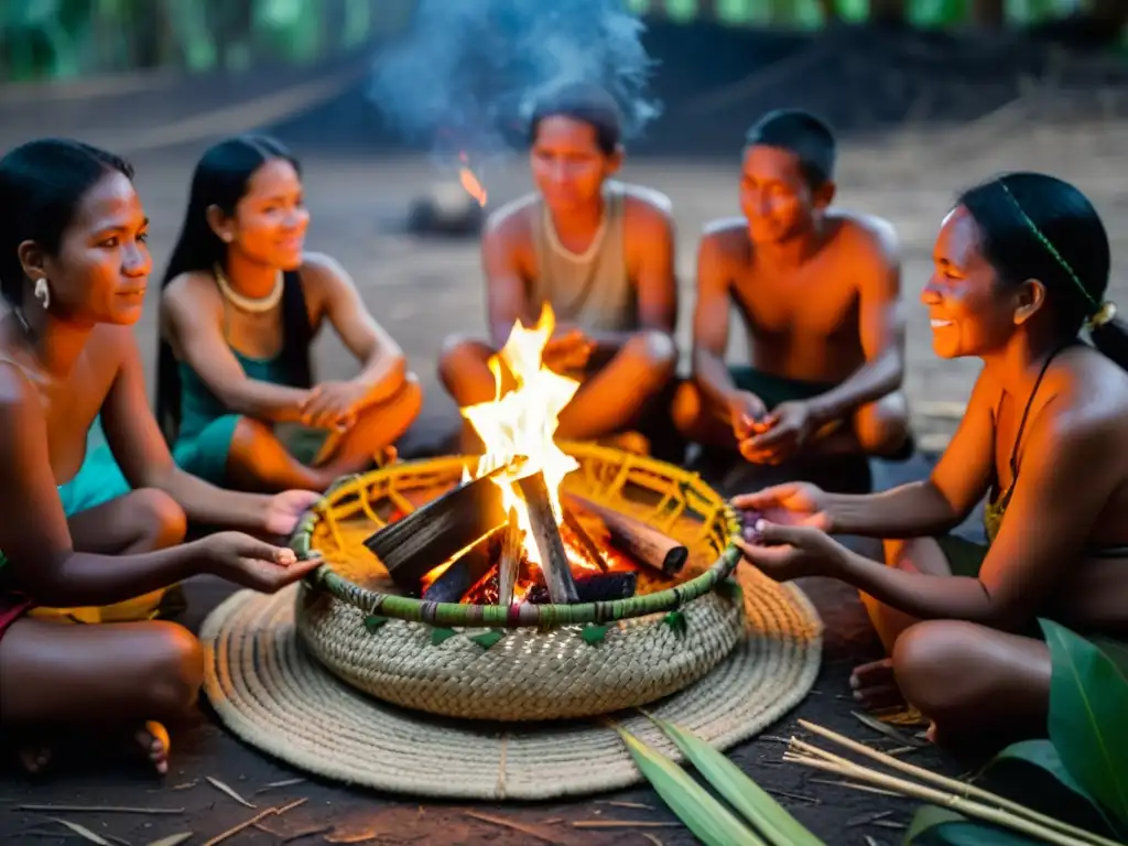 Prácticas oníricas tradición indígena sudamericana: Ceremonia alrededor del fuego en la selva amazónica, con cestas de hierbas y hojas