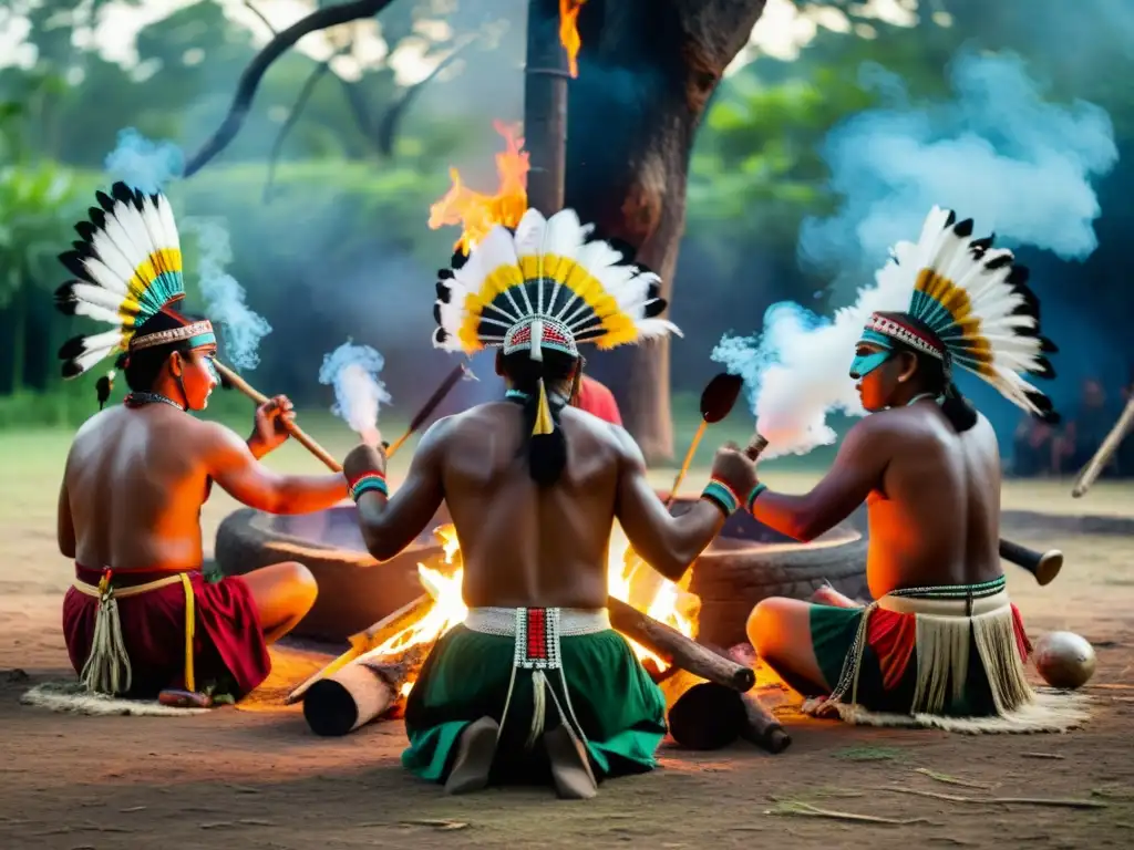 Ritual sagrado de chamanes indígenas en la selva Prácticas y rituales chamanes pueblos originarios: Ceremonia sagrada de pueblos indígenas alrededor de una fogata, con danzas y máscaras coloridas