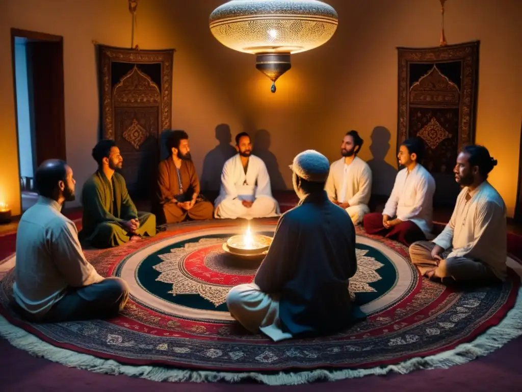 Prácticas de meditación en Sufismo: grupo de seguidores meditan en círculo, iluminados por velas en ambiente sereno y espiritual