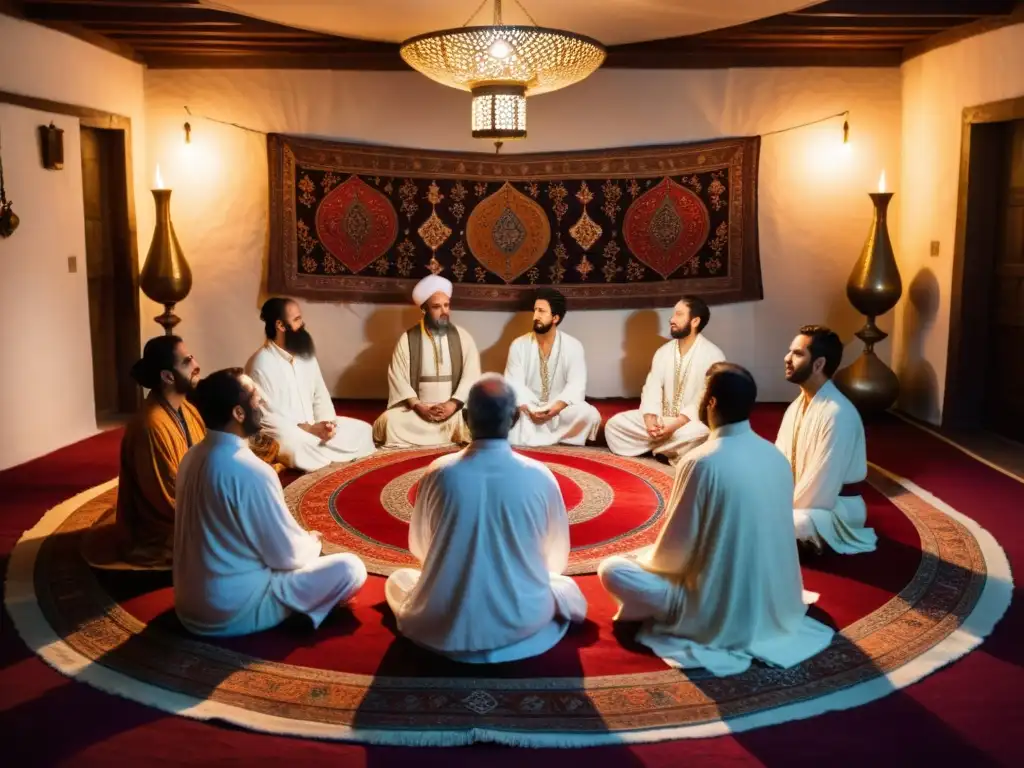 Prácticas de meditación en Sufismo: Grupo de seguidores en meditación con túnicas blancas, en un ambiente sereno iluminado por velas